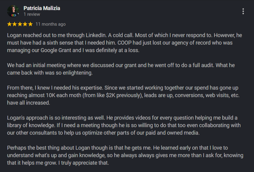 Google review: Patricia Malizia